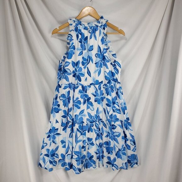 Clover And Sloane Women's Blue Fit & Flare Dress Floral Ruffle Size L (C-7) - Picture 4 of 13